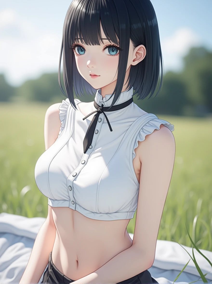 neat girl is beautiful japanese female and beautiful russian female mixed race only in the face age is 17 features of the whole body black hair medium straight bob cut hair style beautiful small face with short eyelashes boyish eyes only high nose dark blue pupils very thin upper lip milky white skin accurate attractive body shape beautiful bust waist hip s thighs knees legs choker and tie on neck shirt with collar full body lie down on bed