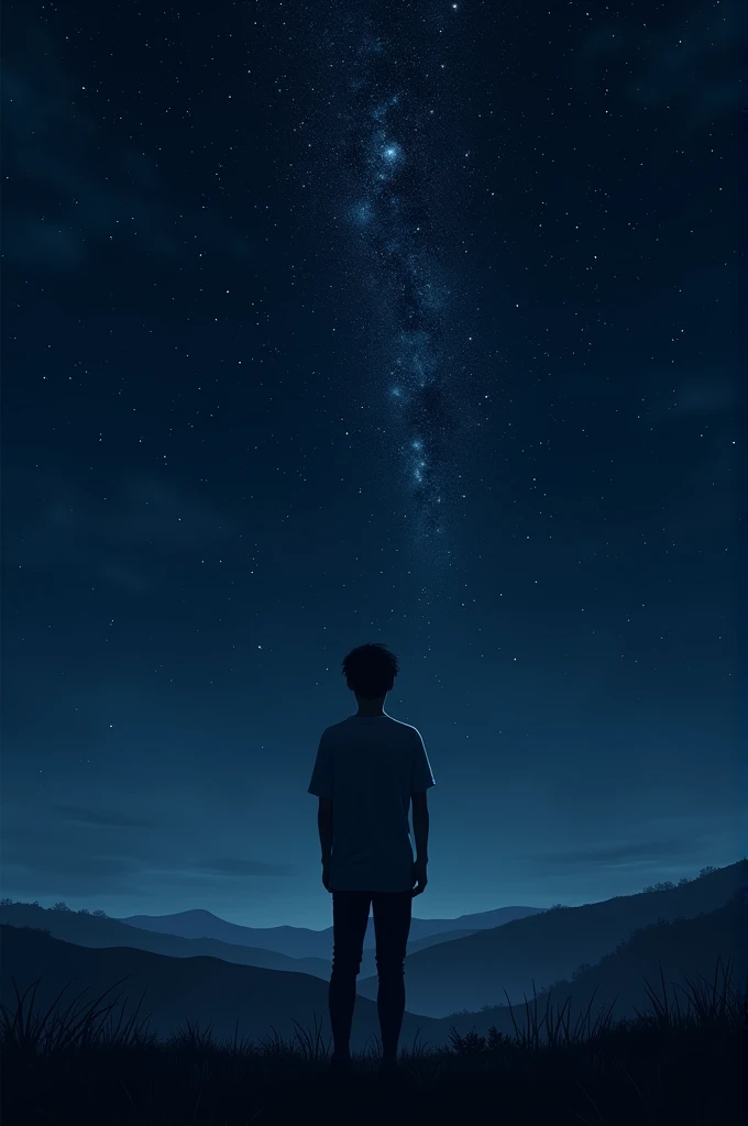 Create an image of a night landscape, with a sky full of stars, the silhouette of a young man looking at the sky.