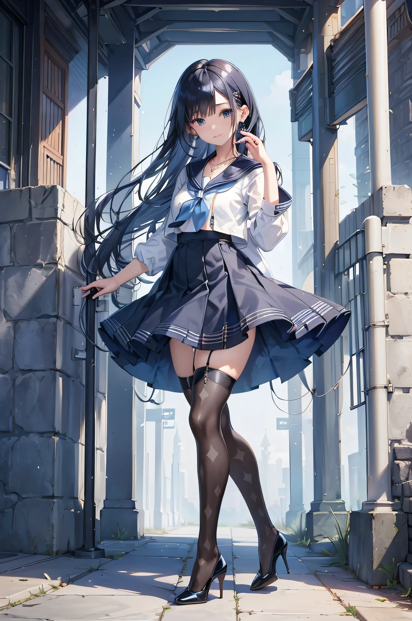 ((Biologically correct limb count)),(( From head to toe,Full-body photo including face)),4K,((Standing position)),masterpiece,((Focus on the face)),((Symmetrical facial features)),Eyes with detailed description,Beautiful woman,Great style,Beautiful arms,Beautiful legs,Beautiful Hands,(Small Ass,Thin thighs),Detailed depiction of the face,Small earrings,necklace,(Sailor suit,mini skirt((High heels,Patterned stockings))),((Meeting at the school gate)),Silk gloves,(((Blue black hair))),Realistic photo