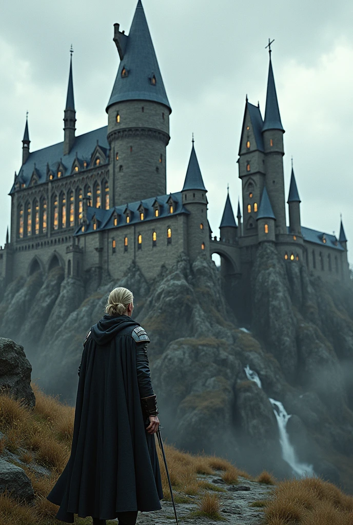 An old building g like hogwarts with a single soldier