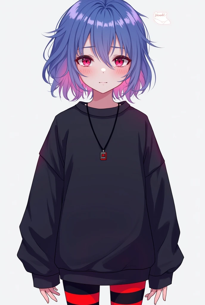 I want a femboy boy,slightly long blue and purple hair,that has pinkish red eyes and red and black striped tights and a black sweatshirt