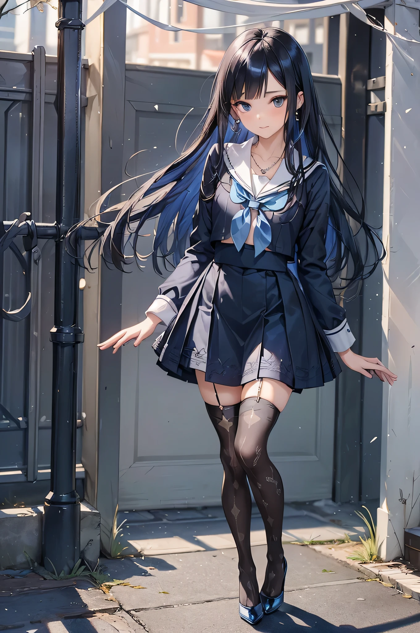((Biologically correct limb count)),(( From head to toe,Full-body photo including face)),4K,((Standing position)),masterpiece,((Focus on the face)),((Symmetrical facial features)),Eyes with detailed description,Beautiful woman,Great style,Beautiful arms,Beautiful legs,Beautiful Hands,(Small Ass,Thin thighs),Detailed depiction of the face,Small earrings,necklace,(Sailor suit,mini skirt((High heels,Patterned stockings))),((Meeting at the school gate)),Silk gloves,(((Blue black hair))),Realistic photo