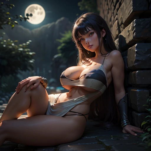 Anime girl with huge tits and slender body lying on stone wall darkness and full moon background landscape photography