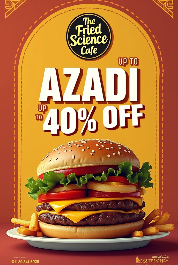 Make an impeccable banner using great initiative making a great syntax Azadi deal upto 40 percent off burgers, tortilla wraps, loaded fries and "The Fried Science Cafe" name on the top "The Trustworthy local eatery around" Also add numbers +923304255888 and 0316-6420496