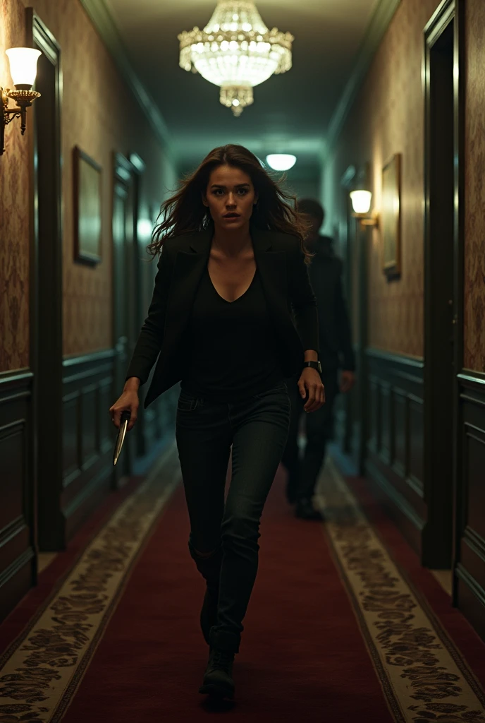 Lucy Hale running away from Ghostface with a knife at a hallway from a fancy motel at night