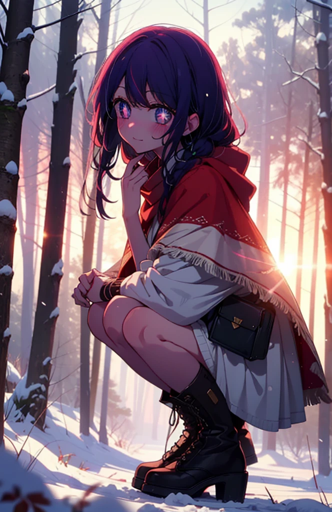 aihoshino, Ai Hoshino, Long Hair, bangs, (Purple eyes:1.1), Purple Hair, (Symbol-shaped pupil:1.5), smile,,smile,blush,white breath,
Open your mouth,snow,Ground bonfire, Outdoor, boots, snowing, From the side, wood, suitcase, Cape, Blurred, , forest, White handbag, nature, Squat, Mouth closed, Cape, winter, Written boundary depth, Black shoes, red Cape break looking at viewer, Upper Body, whole body, break Outdoor, forest, nature, break (masterpiece:1.2), Highest quality, High resolution, unity 8k wallpaper, (shape:0.8), (Beautiful and beautiful eyes:1.6), Highly detailed face, Perfect lighting, Extremely detailed CG, (Perfect hands, Perfect Anatomy),