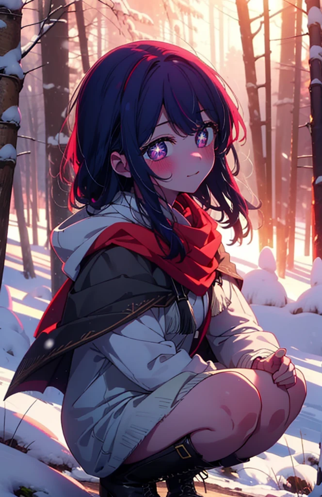 aihoshino, Ai Hoshino, Long Hair, bangs, (Purple eyes:1.1), Purple Hair, (Symbol-shaped pupil:1.5), smile,,smile,blush,white breath,
Open your mouth,snow,Ground bonfire, Outdoor, boots, snowing, From the side, wood, suitcase, Cape, Blurred, , forest, White handbag, nature,  Squat, Mouth closed, Cape, winter, Written boundary depth, Black shoes, red Cape break looking at viewer, Upper Body, whole body, break Outdoor, forest, nature, break (masterpiece:1.2), Highest quality, High resolution, unity 8k wallpaper, (shape:0.8), (Beautiful and beautiful eyes:1.6), Highly detailed face, Perfect lighting, Extremely detailed CG, (Perfect hands, Perfect Anatomy),