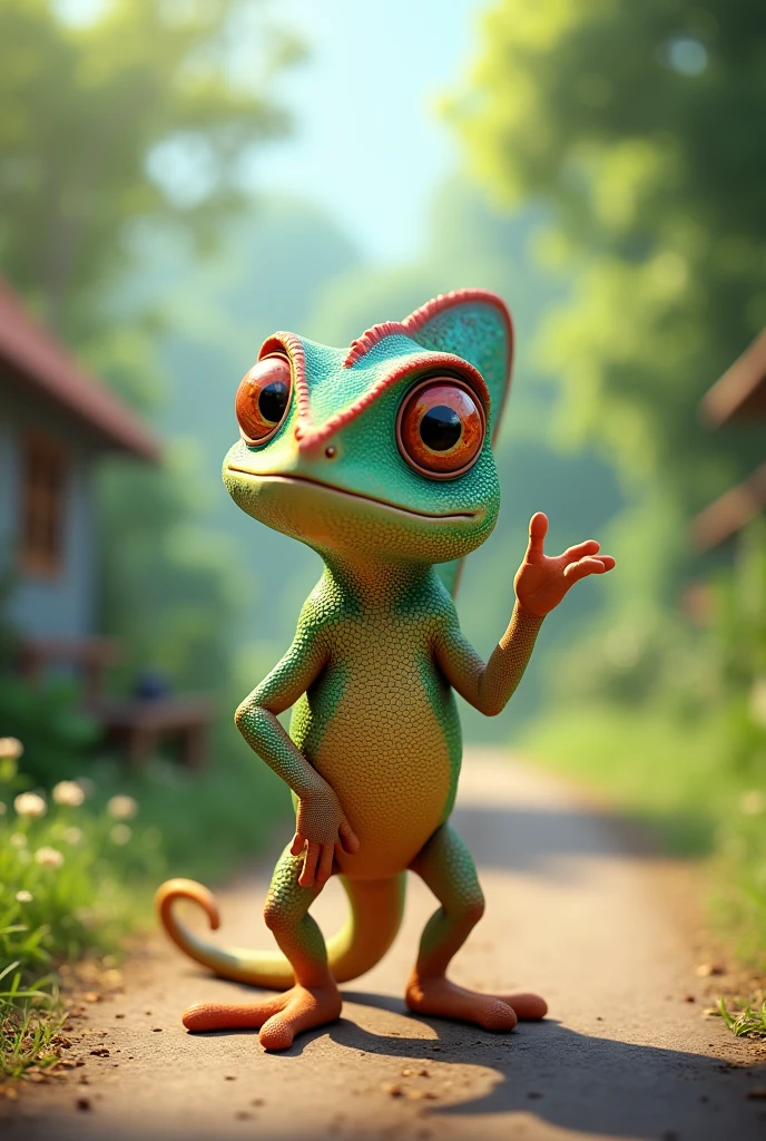 the chameleon who is at road smiled and said, “Hello.”
