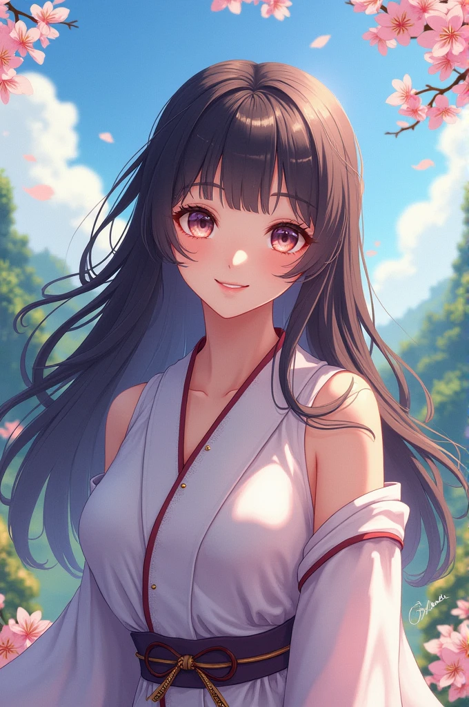 A beautiful anime-style woman with long, flowing hair, large expressive eyes, and a delicate, smooth complexion. She has a gentle smile, wearing a stylish outfit with intricate details, and the background is a serene, picturesque landscape. Her hair color is vibrant, and her eyes are captivating, reflecting a sense of depth and emotion."