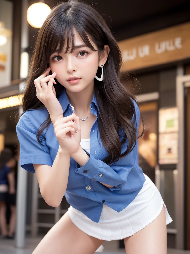 Product quality,1 girl,Cowboy Shot,Front view,(Thigh Emphasis:1.6),(Angle up to the knee:1.ung and sexyanese girl,20-year-old,Harajuku,(Crowded street:1.4),Snazzy,((Blue Shirt:1.5)),wear,(Snazzyバッグ:1.3),Fashionable necklaces,Stylish earrings,((White Ultra Short Micro Mini Skirt:1.5)),wear,Very cute face,Baby Face,Glossy Lips,Double eyelids on both eyes,(Natural Makeup),Small and cute nose,shiny smooth light brown long hair,,,,,Asymmetrical bangs,Center image,8k resolution,Attention to detail,Detailed hairstyle,Detailed face,Cinema Lighting,Octane Rendering,Ultra-realistic,Perfect limbs,(Detailed fingers:1.5),Beautiful legs,Voluptuous thighs,Huge breasts, Anatomy,(Model sexy pose:1.5)