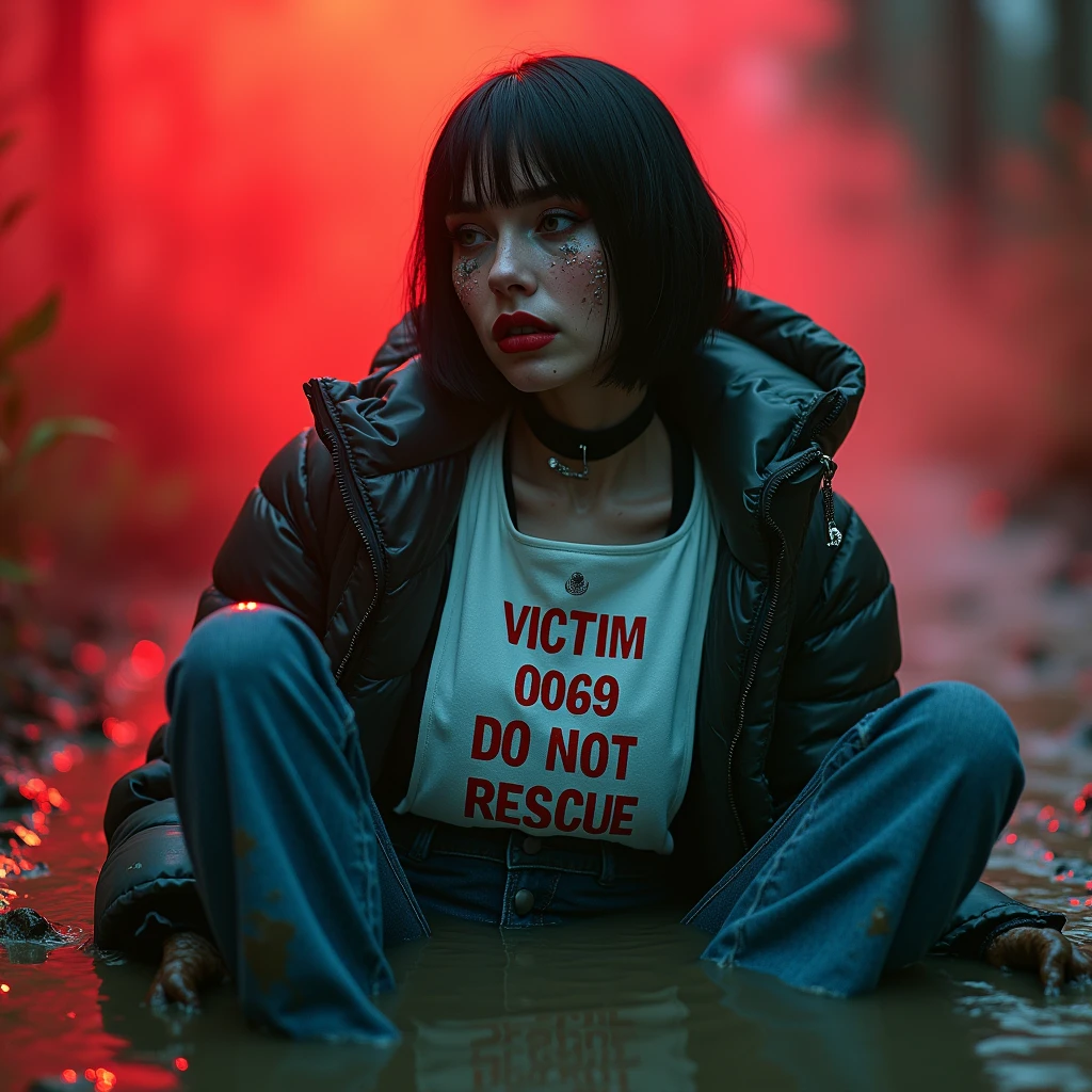 woman, bib "VICTIM 0069 DO NOT RESCUE", moncler ultra-short sporty collar only down jacket, muddy flared jeans, stuck in mud bog,pale ethnic patterns ritual makeup, cold, red lips, sexy posing, bob haircut, red fog, blue, green, posing, dynamic, sexy despair