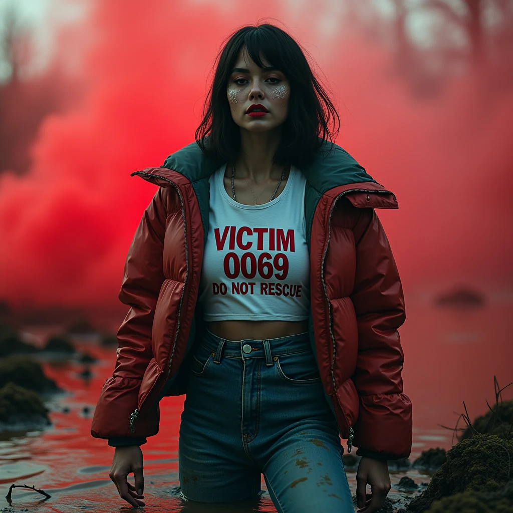 woman, bib "VICTIM 0069 DO NOT RESCUE", moncler ultra-short sporty collar only down jacket, muddy flared jeans, stuck in mud bog,pale ethnic patterns ritual makeup, cold, red lips, sexy posing, bob haircut, red fog, blue, green, posing, dynamic, sexy despair