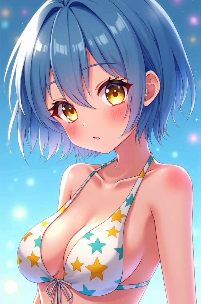 Short hair anime girl with blue hair and yellow eyes in a star bikini