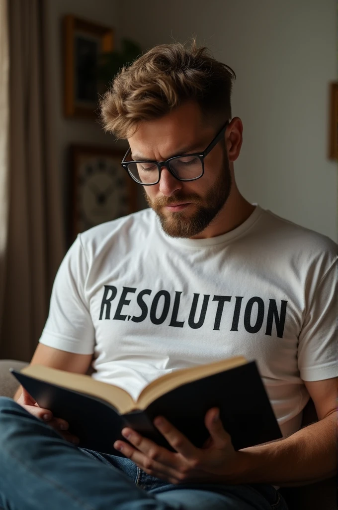 A man is reading a resolution book and on his shirt is written ILINTAMON 
