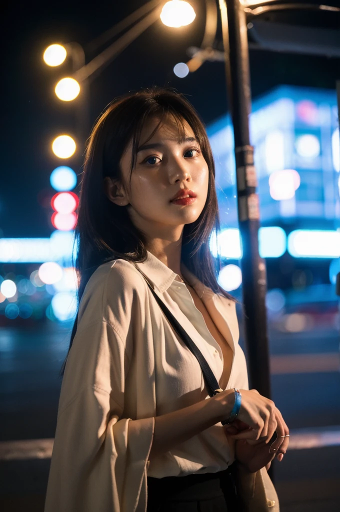 (Cinematic Aesthetic:1.4) Photo of a beautiful korean fashion model bokeh city night