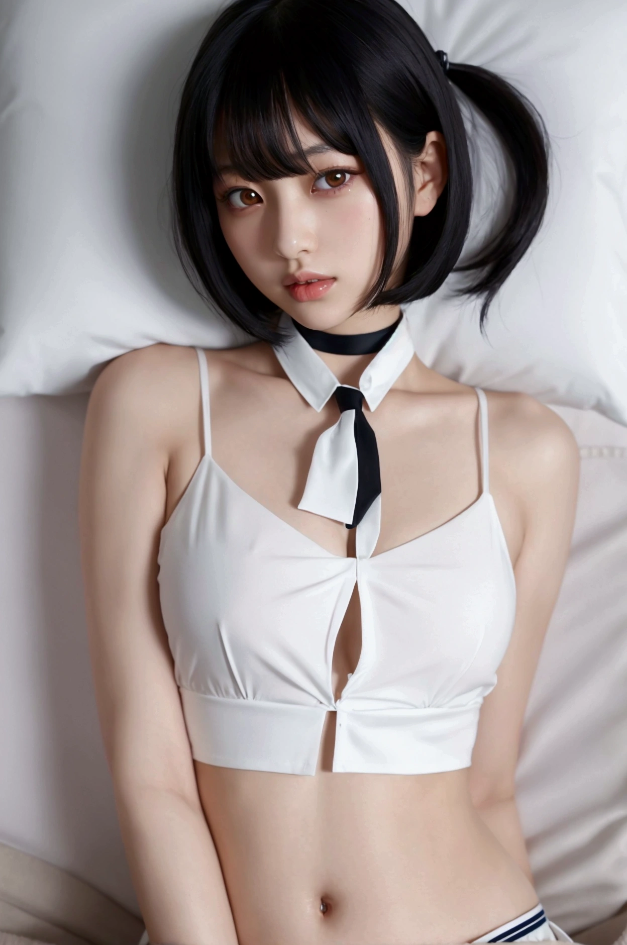 neat girl is beautiful japanese female and beautiful russian female mixed race only in the face age is 17 features of the whole body black hair medium straight bob cut hair style beautiful small face with short eyelashes boyish eyes only high nose dark blue pupils very thin upper lip milky white skin accurate attractive body shape beautiful bust waist hip s thighs knees legs choker and tie on neck shirt with collar full body lie down on bed