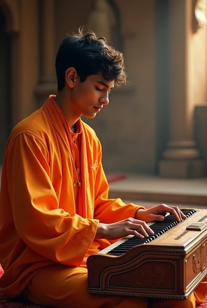 One 18 year old man speaks music with harmonium and he wearing a orange bhajan dress
