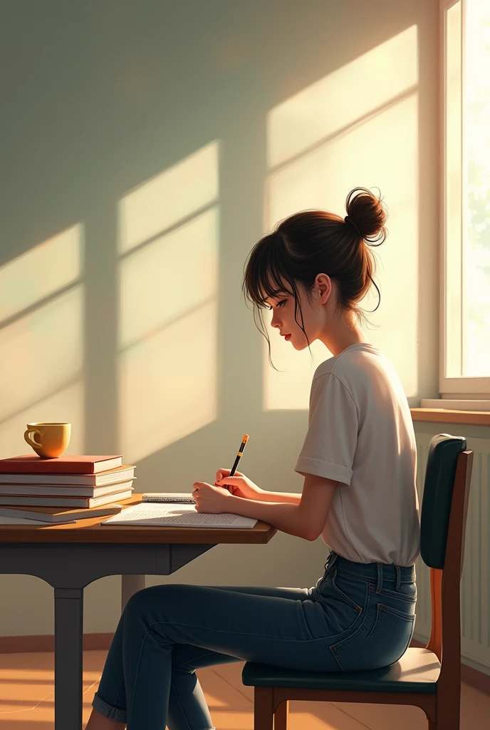 A thin young woman, beautiful, with western features, hair made into a messy bun, She is sitting doing homework in an empty classroom, with the afternoon sun giving light
