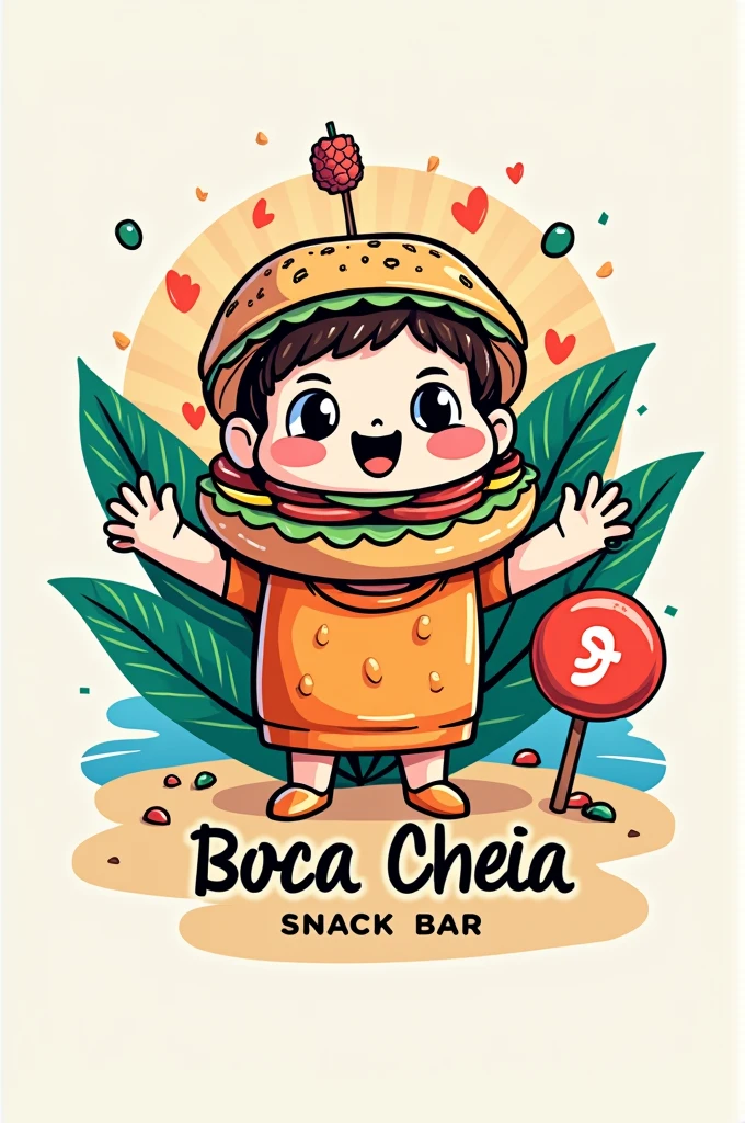 create logo for a snack bar that sells burgers and açaí and snacks with the name boca cheia