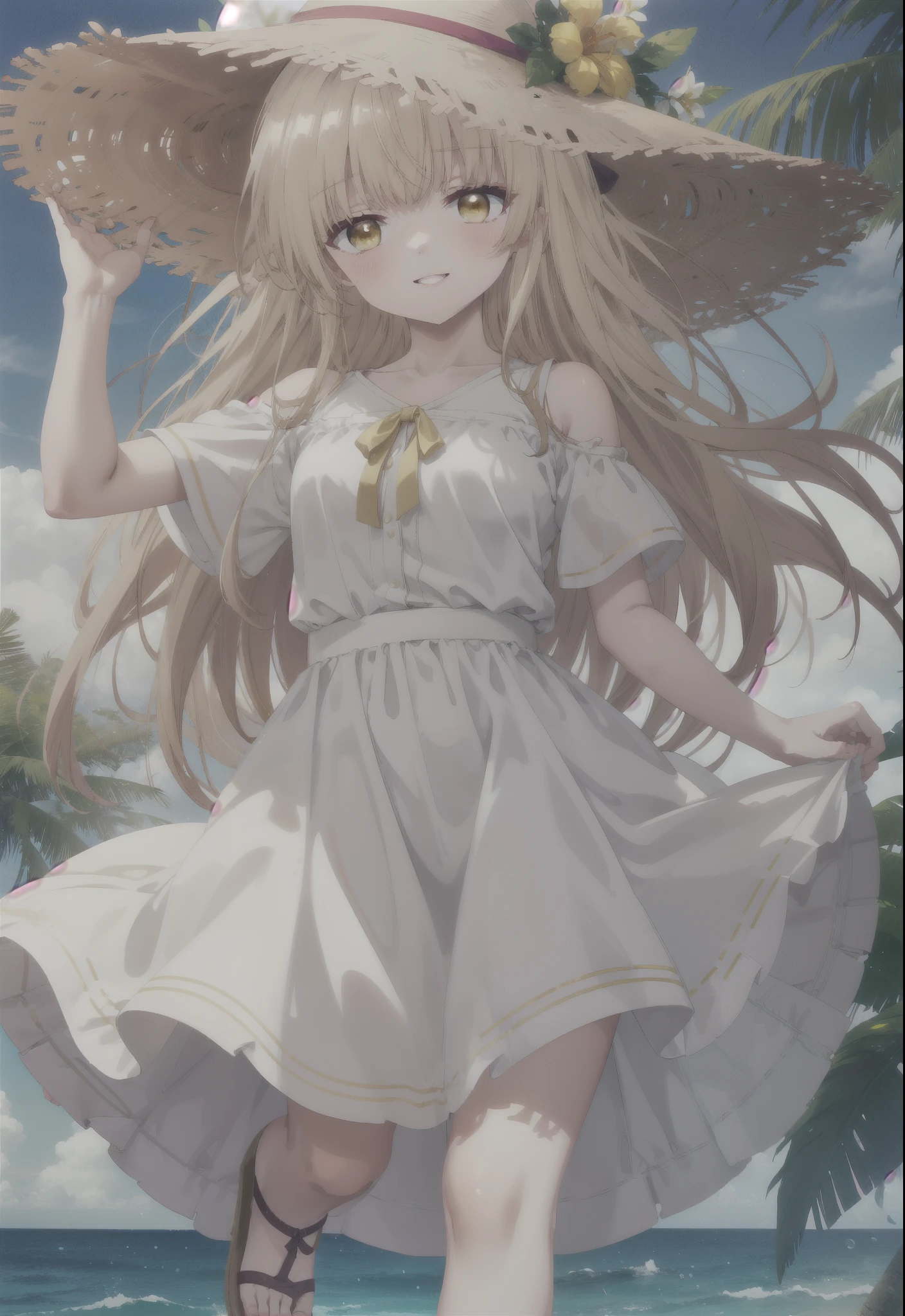 mahirushiina, mahiru shiina, Long Hair, bangs, Blonde, Brown Hair, (Yellow Eyes:1.3),happy smile, smile, Open your mouth,blush, Straw hat,smile,Cold Shoulder Shirt,Short sleeve,Long skirt,Cute heeled sandals,True Summer,Clear skies,Daytime,Palm tree,Hair is fluttering in the wind,whole bodyがイラストに入るように,
break outdoors, tropical,In town,Coastal Road,
break looking at viewer, whole body,
break (masterpiece:1.2), Highest quality, High resolution, unity 8k wallpaper, (figure:0.8), (Beautiful attention to detail:1.6), Highly detailed face, Perfect lighting, Highly detailed CG, (Perfect hands, Perfect Anatomy),
