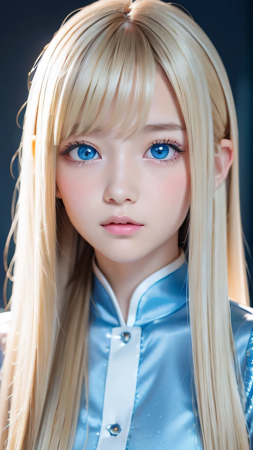 Crystal clear and shiny skin、Cute  13 year old with beautiful face、Very large, beautiful, bright, pale sky blue eyes、Very big eyes、Super long straight hair that shines in the light、Long, silky bangs that cover her cute eyes、Hair that hides sexy features、too long bangs、Sexy and cute young beauty、Super long natural young blonde hair with sparkling highlights Blonde over one eye Blonde over one eye、Blonde hair between the eyes