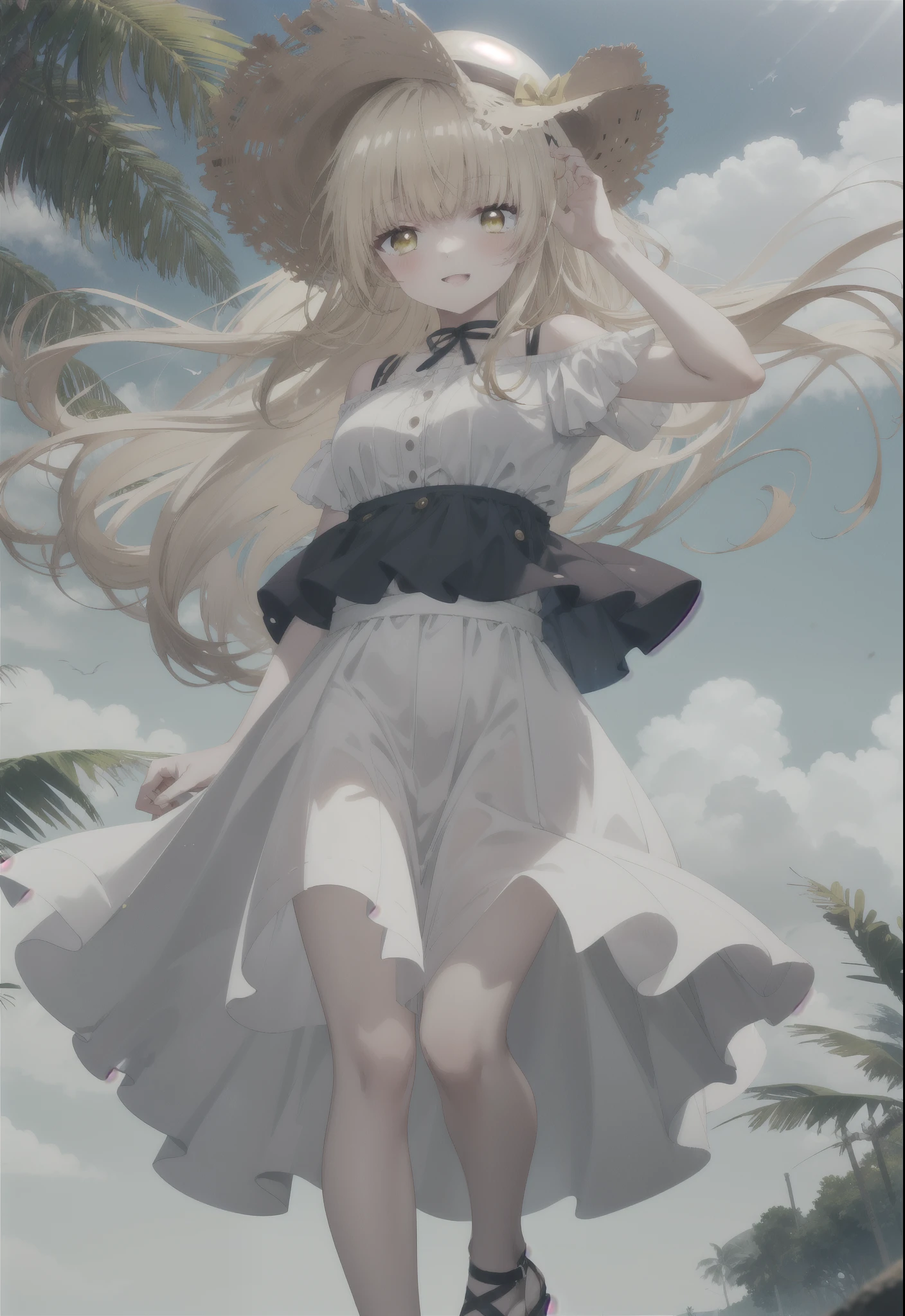 mahirushiina, mahiru shiina, Long Hair, bangs, Blonde, Brown Hair, (Yellow Eyes:1.3),happy smile, smile, Open your mouth,blush, Straw hat,smile,Cold Shoulder Shirt,Short sleeve,Long skirt,Cute heeled sandals,True Summer,Clear skies,Daytime,Palm tree,Hair is fluttering in the wind,whole bodyがイラストに入るように,
break outdoors, tropical,In town,Coastal Road,
break looking at viewer, whole body,
break (masterpiece:1.2), Highest quality, High resolution, unity 8k wallpaper, (figure:0.8), (Beautiful attention to detail:1.6), Highly detailed face, Perfect lighting, Highly detailed CG, (Perfect hands, Perfect Anatomy),