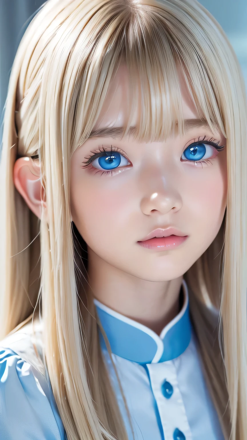 Crystal clear and shiny skin、Cute  13 year old with beautiful face、Very large, beautiful, bright, pale sky blue eyes、Very big eyes、Super long straight hair that shines in the light、Long, silky bangs that cover her cute eyes、Hair that hides sexy features、too long bangs、Sexy and cute young beauty、Super long natural young blonde hair with sparkling highlights Blonde over one eye Blonde over one eye、Blonde hair between the eyes
