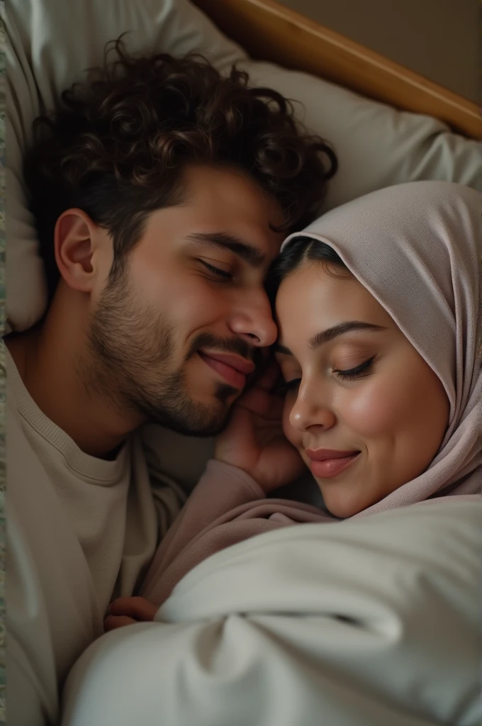 Curvy girl wearing hijab and sleeping in the bedroom with her boyfriend 
