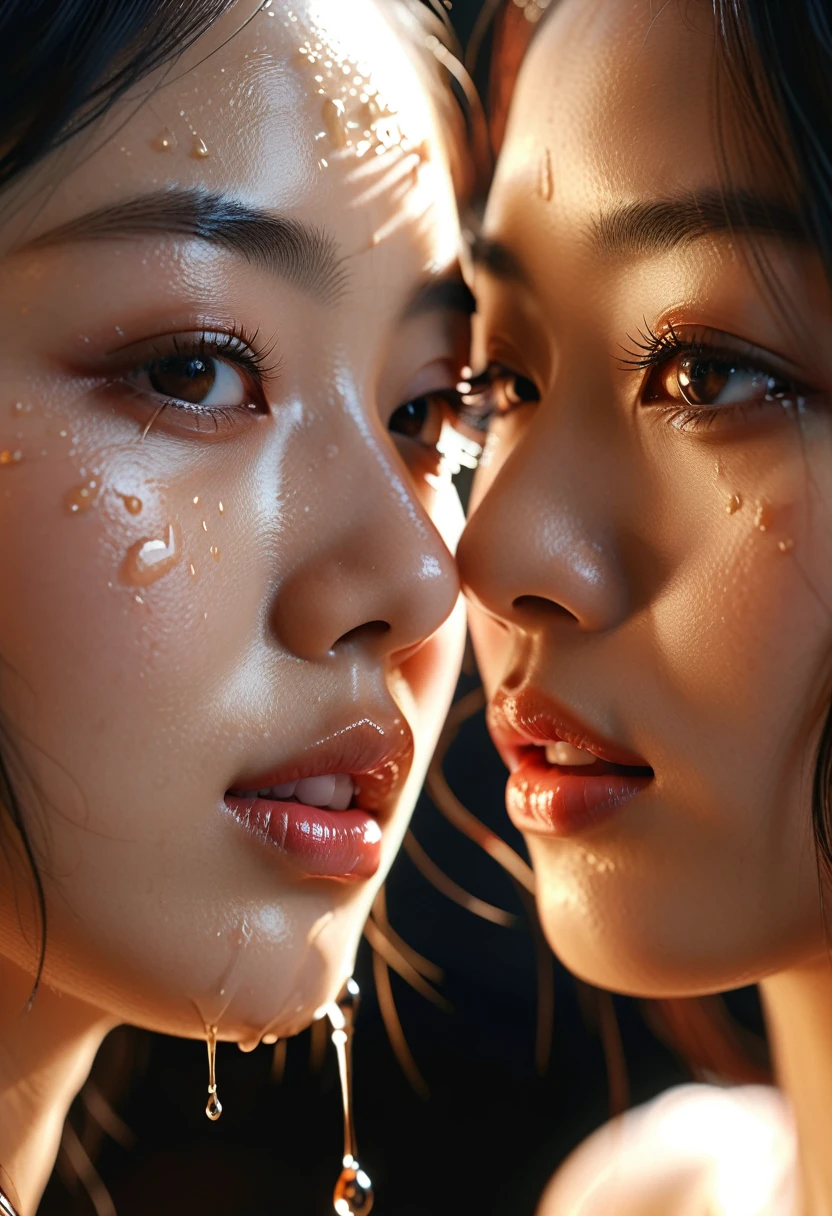 two beautiful Japanese women, intricate details, saliva dripping from their lips, sensual passionate embrace, (best quality,4k,8k,highres,masterpiece:1.2),ultra-detailed,(realistic,photorealistic,photo-realistic:1.37),extremely detailed eyes and face,longeyelashes,detailed skin texture,glowing skin,dramatic lighting,cinematic composition,warm color palette,chiaroscuro lighting