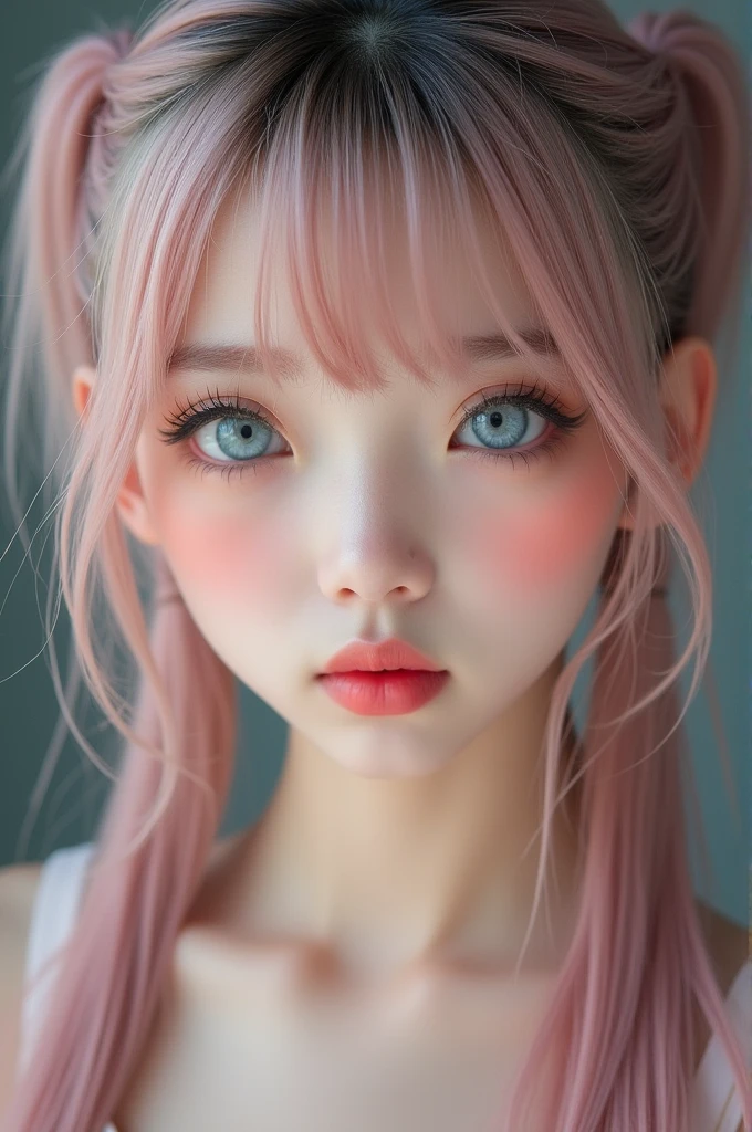(a closeup:1.4)、(RAW shooting:1.2)、(Photorealsitic:1.4)、(masterpiece:1.3)、(top-quality:1.4)、bright expression、extremely beautyful girl、Extraordinary beautiful girl、Detailed cute and beautiful face、Beautiful bangs、Glowing white shiny skin、facial hairs、Bangs that extend to the face、Bangs between the eyes、Super long double ponytails hair、Attractive light and dark platinum pink super long straight silky hainer hair、Attractive glowing beautiful bright clear light blue big eyes、Luxurious dresses、Double eyelids、Lush bust、The upper part of the body、