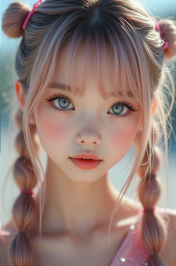 (a closeup:1.4)、(RAW shooting:1.2)、(Photorealsitic:1.4)、(masterpiece:1.3)、(top-quality:1.4)、bright expression、extremely beautyful girl、Extraordinary beautiful girl、Detailed cute and beautiful face、Beautiful bangs、Glowing white shiny skin、facial hairs、Bangs that extend to the face、Bangs between the eyes、Super long double ponytails hair、Attractive light and dark platinum pink super long straight silky hainer hair、Attractive glowing beautiful bright clear light blue big eyes、Luxurious dresses、Double eyelids、Lush bust、The upper part of the body、