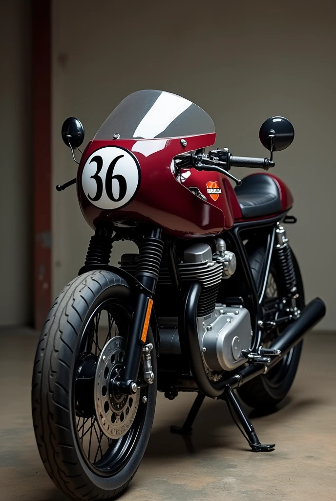 A cafe racer profile motorcycle with a wine-colored tank on the front that has the number 36 and a black seat, an older model, the number 36 is round.