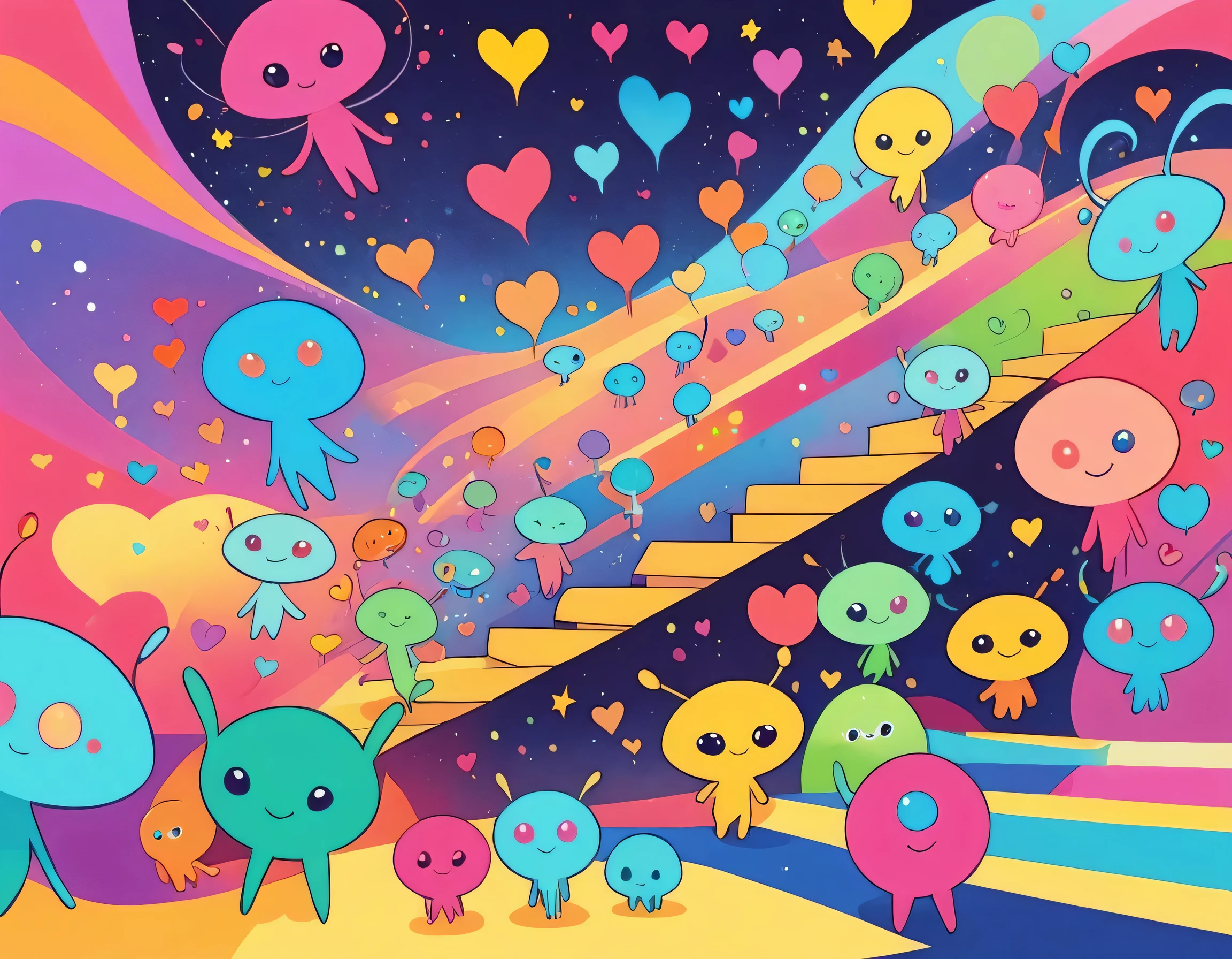 tairs colorfull style, Simple Line Initialism,Abstract art, girls, colorful hearts, funny design, (((Cute Aliens))), The background is space