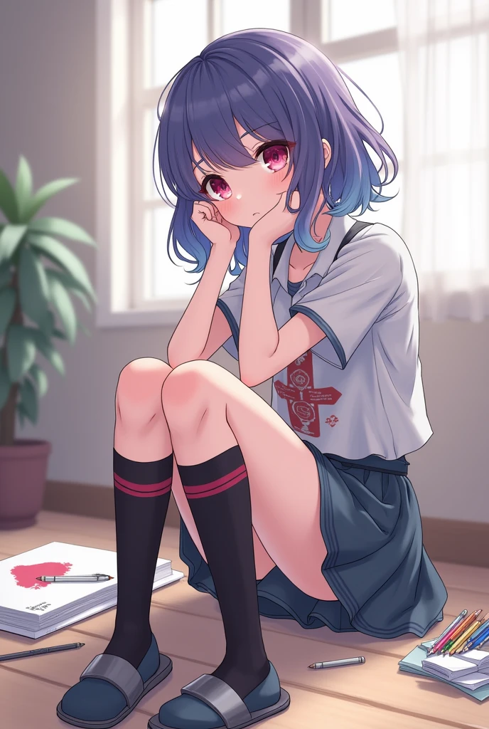 - Age: - Height: 170 cm - Weight: 56 kg - Hair: blue and purple, a little long, with locks falling over her face - Eyes: Pinkish red, a unique and striking feature - Body: Thin and effeminate, with soft curves - Personality: shy, reserved, but passionate about drawing; can be a little insecure and sensitive due to his age - Clothing:
- Long socks with red and black stripes - Possibly a skirt or shorts that complement the socks - A shirt or blouse with prints or soft colors - Comfortable shoes, like slippers