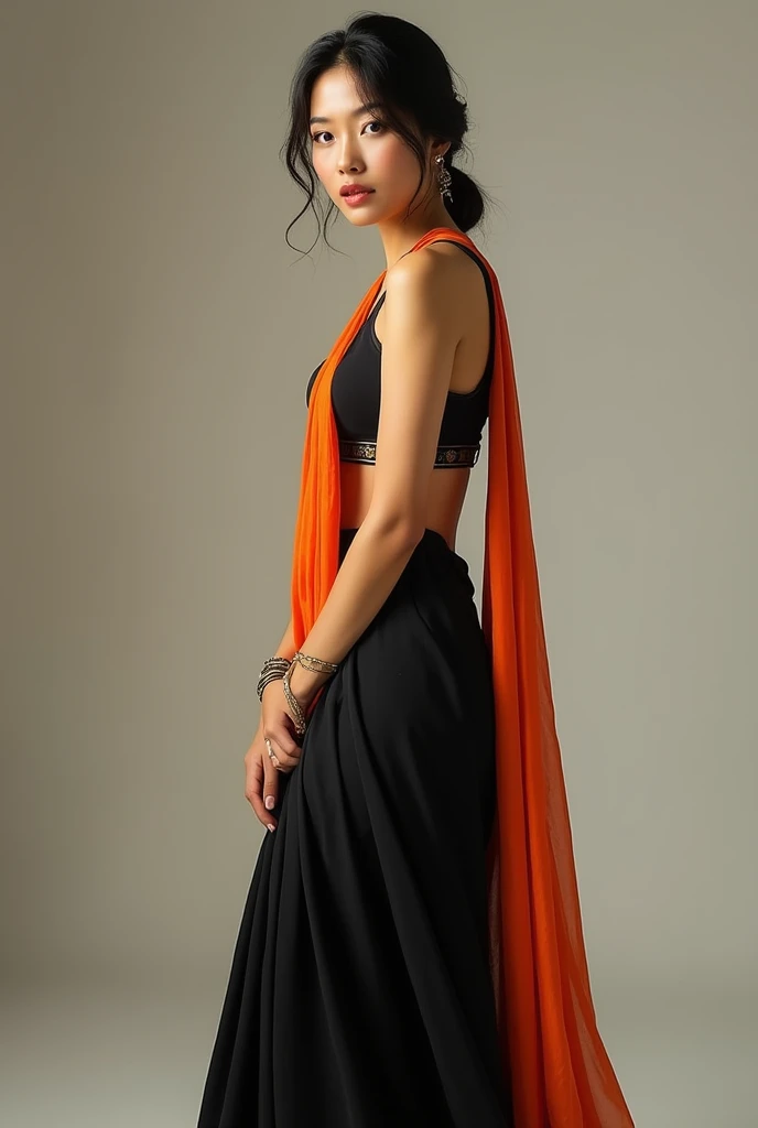 4k, Japanese model wearing, black bralet, black long saree skirt, orange dupatta , 32 years old boy , kiss her cheek viewing at audience
