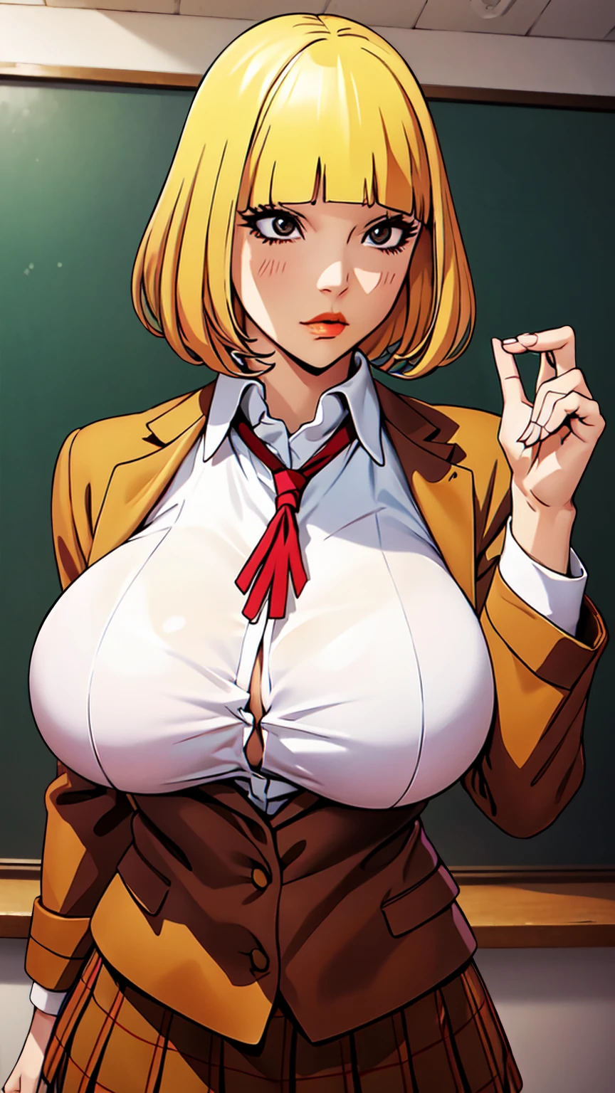 HnMdrkw-KJ , brown eyes , brown jacket, collared shirt, neck ribbon, plaid skirt, school uniform, blonde hair, Masterpiece, 8k, top-quality, best quality, official art, Beauty and Aesthetics, extremely detailed, full color, huge breast, serpentine body,