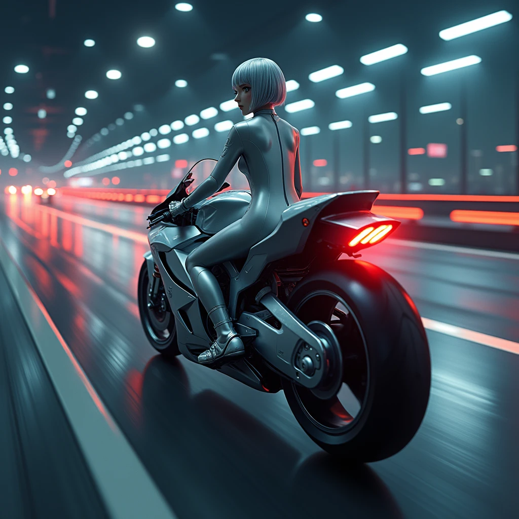 (8k, Photorealistic, Raw photo, Highest quality: 1.4),Japanese idol-style beautiful girl,1 person,18-year-old,(Short Bob),(Silver Hair),Blowing in the wind,Clear grey eyes,Long eyelashes,(piercings(small)),Rider Suit(one piece),boots,(The future of large motorcycles(Akira)Riding),Positioned so as to cover the fuel tank,Driving on the Metropolitan Expressway at night,Hang-On,View from diagonally behind,Turning around and looking at the camera.Flowing red tail lights,(Full body snapshot)