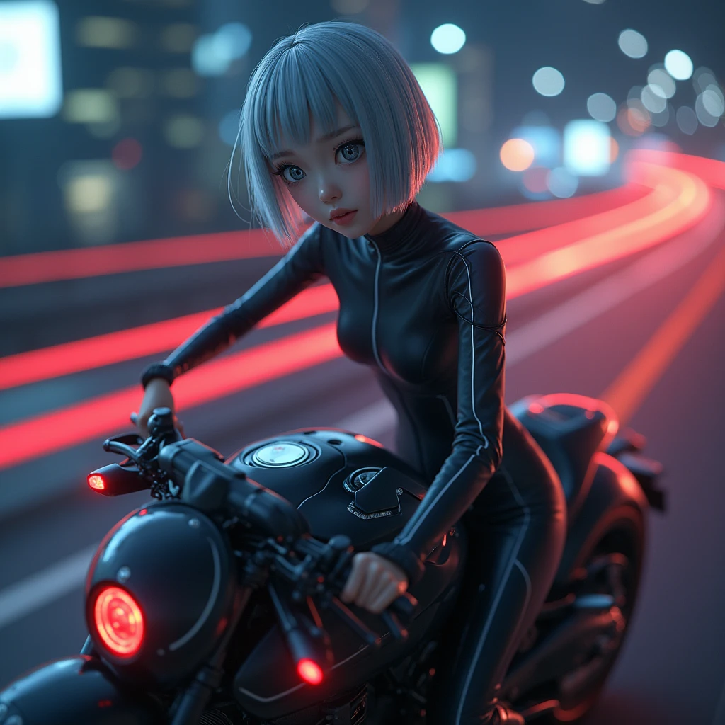 (8k, Photorealistic, Raw photo, Highest quality: 1.4),Japanese idol-style beautiful girl,1 person,18-year-old,(Short Bob),(Silver Hair),Blowing in the wind,Clear grey eyes,Long eyelashes,(piercings(small)),Rider Suit(one piece),boots,(The future of large motorcycles(Akira)Riding),Positioned so as to cover the fuel tank,Driving on the Metropolitan Expressway at night,Hang-On,View from diagonally behind,Turning around and looking at the camera.Flowing red tail lights,(Full body snapshot)