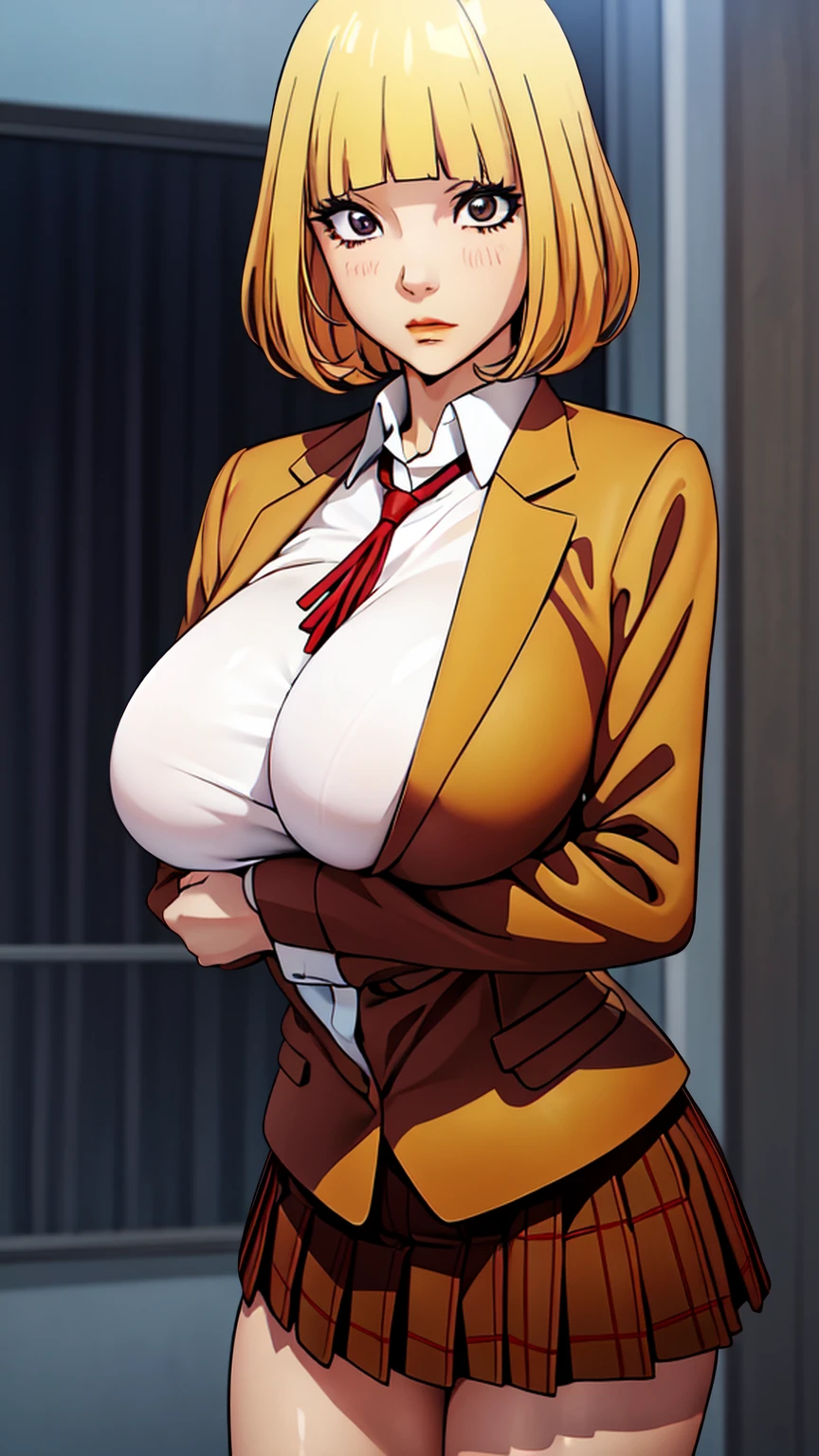 HnMdrkw-KJ , brown eyes , brown jacket, collared shirt, neck ribbon, plaid skirt, school uniform, blonde hair, Masterpiece, 8k, top-quality, best quality, official art, Beauty and Aesthetics, extremely detailed, full color, huge breast, serpentine body,