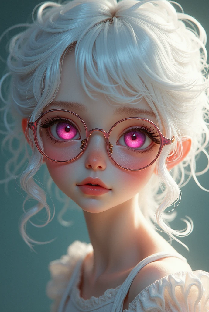 Girl with curly white hair and pink eyes. Wearing glasses and looking at the camera