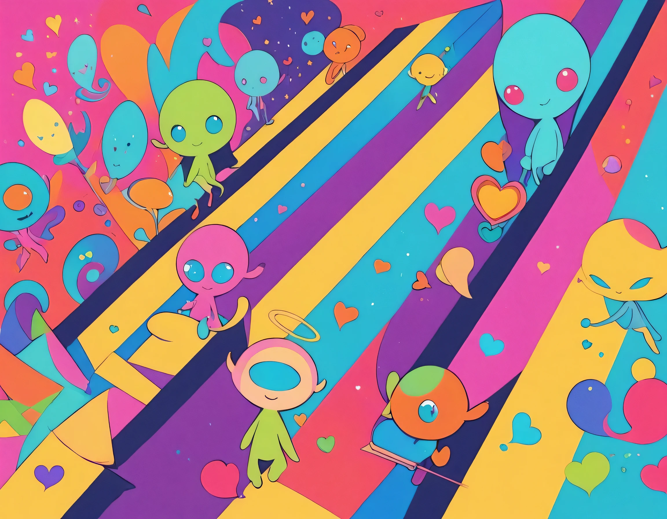 12stairs colorfull style, Simple Line Initialism,Abstract art, girls, colorful hearts, funny design, (((Cute Aliens))), The background is space