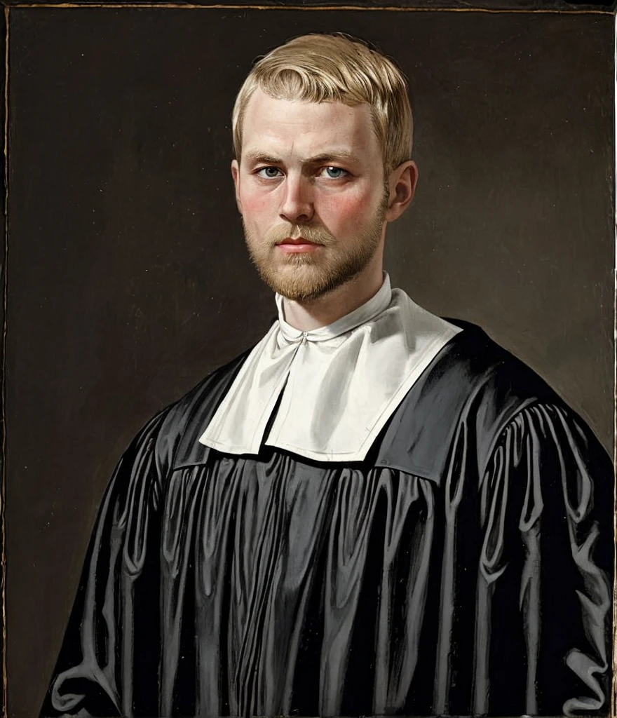 A depiction of an individual from the Netherlands, characterized by very short blond hair and a thin beard wearing a black robe with a white collar, which became a symbol of the 17th century.