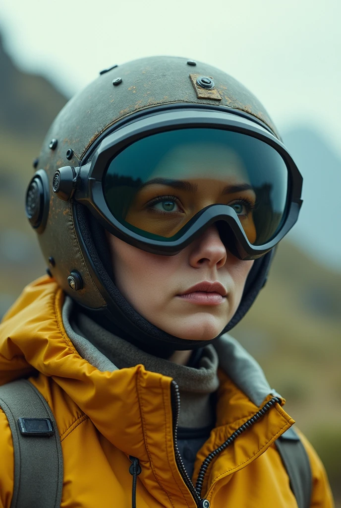 Close-up photo of an award-winning woman (Sci-fi Explorer:1.3) Wear a helmet with a hexagonal visor., [Style - Psycho::10], Beside (Car crash:1.2), (smoke:1.4), Looking out onto a lush alien planet, (mountain:1.2) (tall grass:1.2), rock, Highly detailed, great details, (complicated:1.3), (lens flare:0.6), (Backlight:0.8), (Bloom:0.8), shallow depth of field