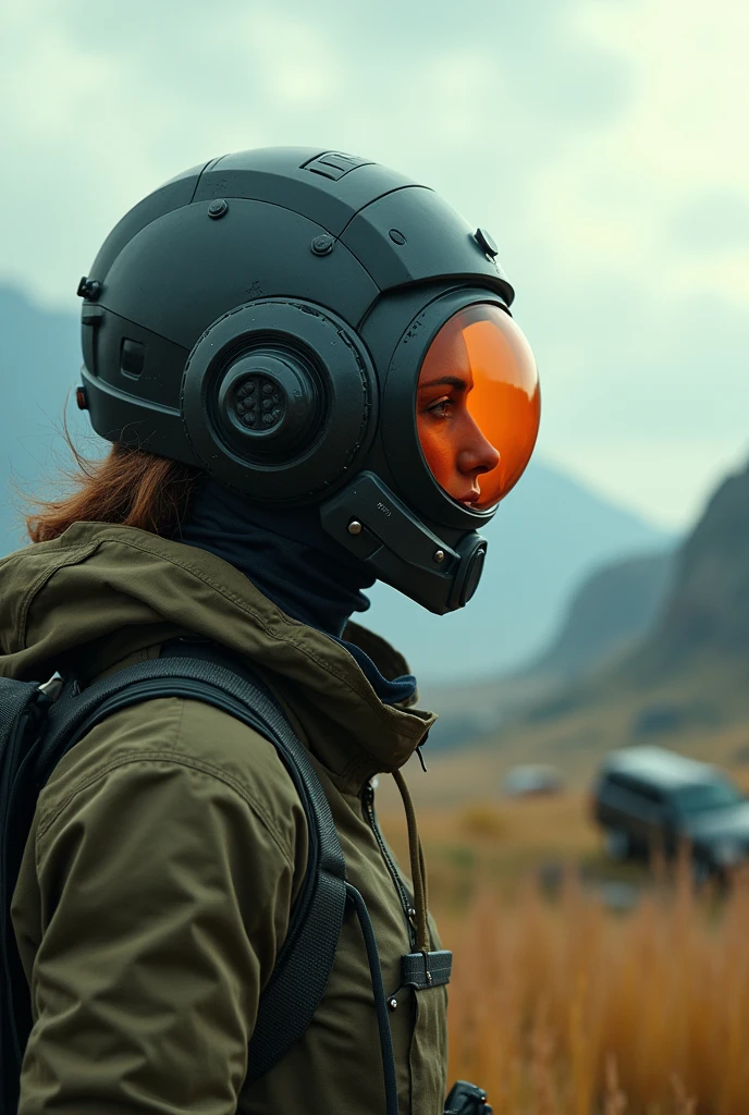 Close-up photo of an award-winning woman (Sci-fi Explorer:1.3) Wear a helmet with a hexagonal visor., [Style - Psycho::10], Beside (Car crash:1.2), (smoke:1.4), Looking out onto a lush alien planet, (mountain:1.2) (tall grass:1.2), rock, Highly detailed, great details, (complicated:1.3), (lens flare:0.6), (Backlight:0.8), (Bloom:0.8), shallow depth of field