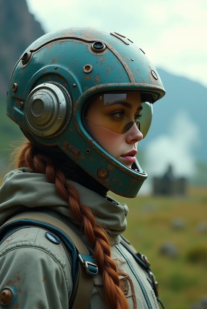 Close-up photo of an award-winning woman (Sci-fi Explorer:1.3) Wear a helmet with a hexagonal visor., [Style - Psycho::10], Beside (Car crash:1.2), (smoke:1.4), Looking out onto a lush alien planet, (mountain:1.2) (tall grass:1.2), rock, Highly detailed, great details, (complicated:1.3), (lens flare:0.6), (Backlight:0.8), (Bloom:0.8), shallow depth of field