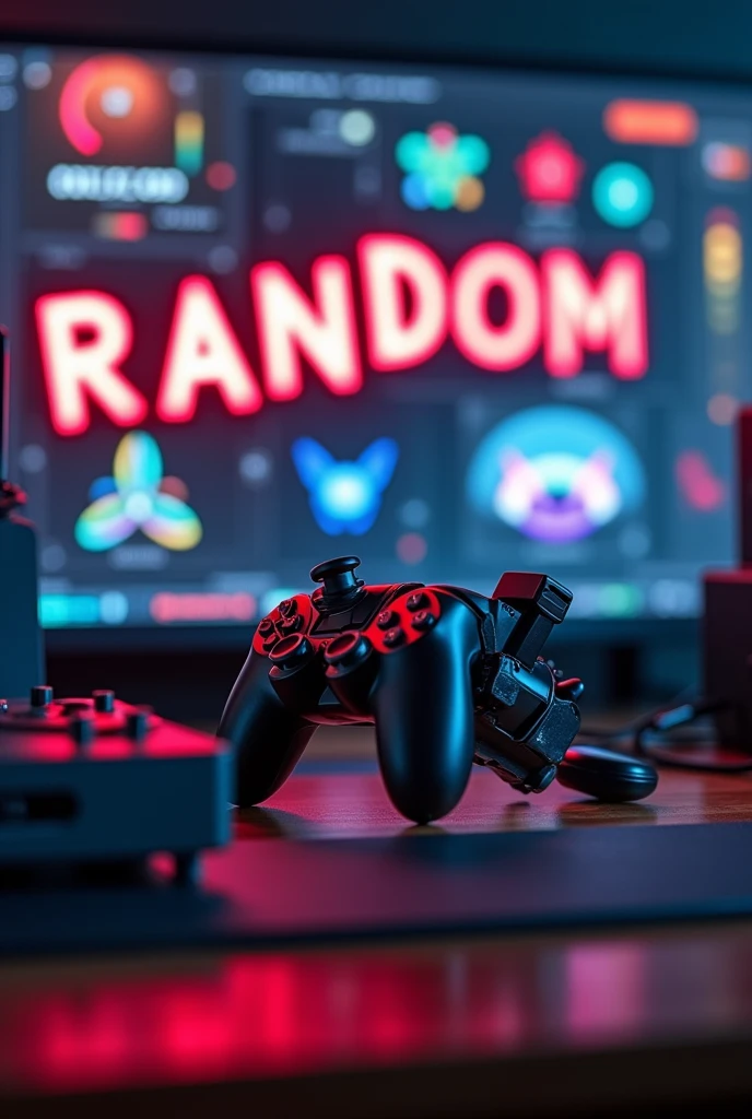 make a video miniature with a roulet of video games and more games in the background with the word RANDOM behind the roulet
but in front of the background games
 