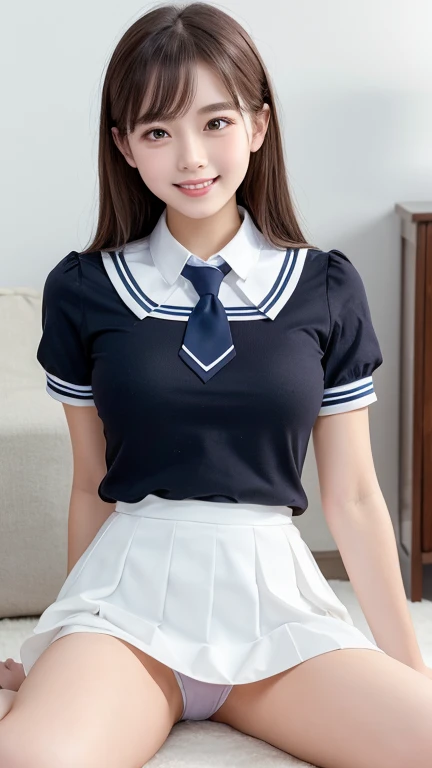 Highest quality, shape, Very detailed, The finer details, High resolution, 8k wallpaper, Perfect dynamic composition, Beautiful and detailed eyes, Natural lips, magic school uniform, Checked skirt, school uniform, wearing school uniform, sexy, wearing school uniform, Medium chest, Medium back, full length, One girl, loafers, smile, Glowing Skin, show off sexy white panties, Spread your legs, Skirt Lift, Raise your knees, Browsing Caution,