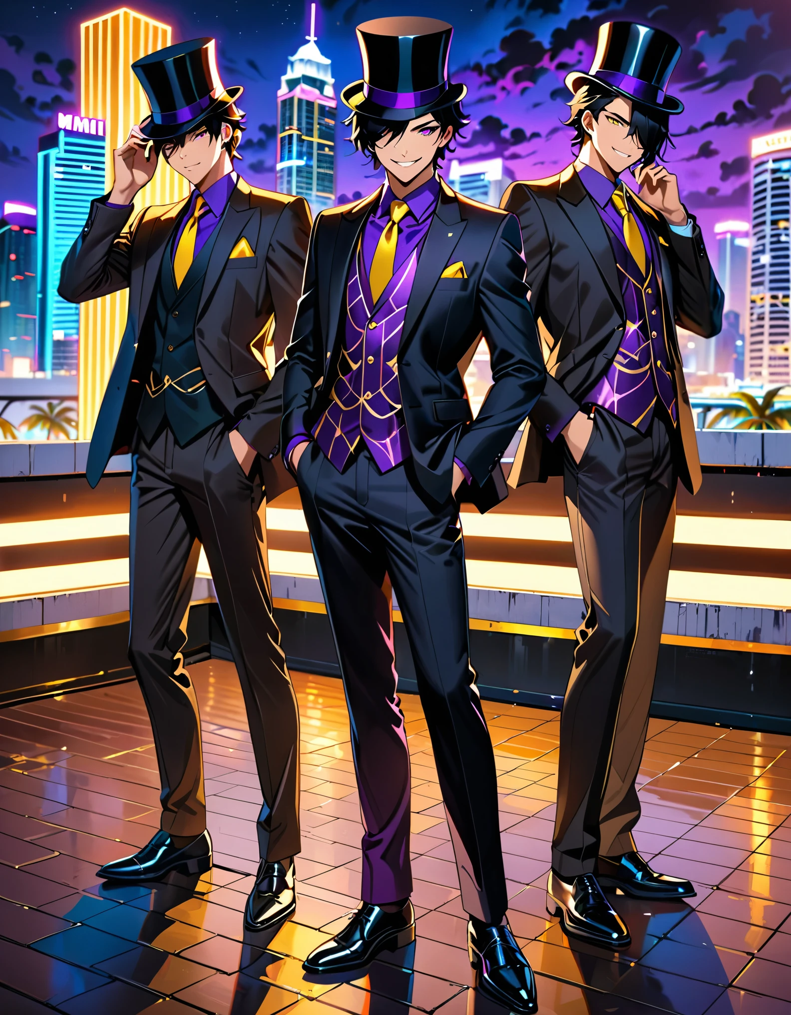 (masterpiece), (best quality), (highres), 4boys, male focus, , same height, billionaire, villain, solo, solo focus, three clones, jet black hair, purple eyes, highly detailed eyes, swept bangs, (hair over one eye:1.3), smirk, smile, formal, suit, black jacket, yellow necktie, necktie, gold vest, black pants, slacks, purple shirt, dynamic relaxed pose, black socks, matching dress shoes, bratty attitude, top hat, rooftop, outdoors, Miami city backdrop, nighttime, cowboy shot, full body shot, neon lighting, fine details, mysterious atmosphere.