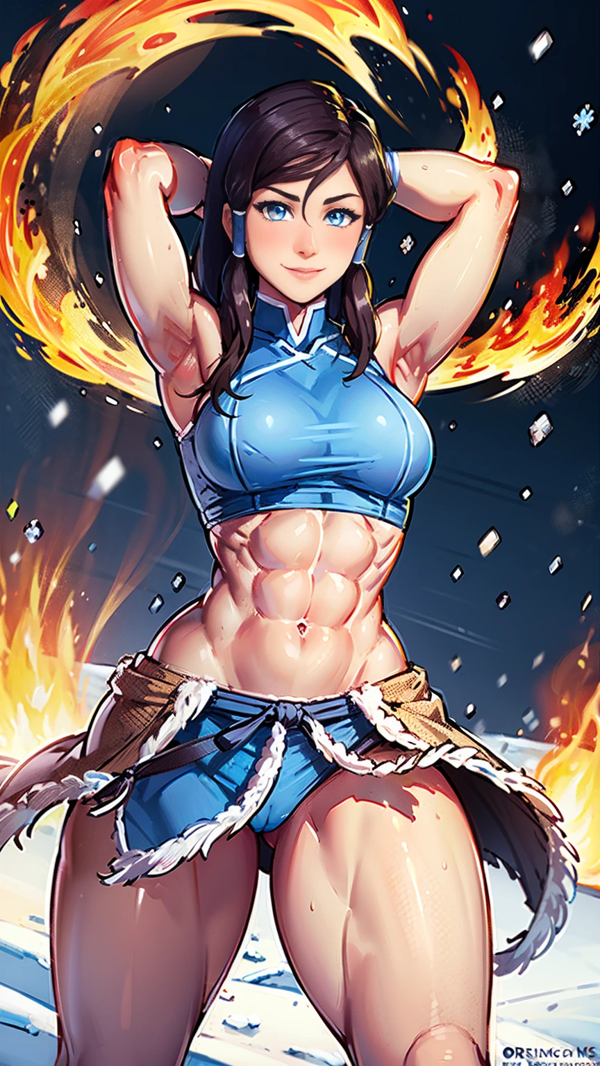 Whole body masterpiece, best quality, 1girl, korra, stmbright pale blue eyes, (strong arms) , (strong shoulders) , (strong abs) , (strong thighs), thighs showing, midriff showing, smile,standing, arms behind head pose, snow field, surrounded by mystical fire ring,