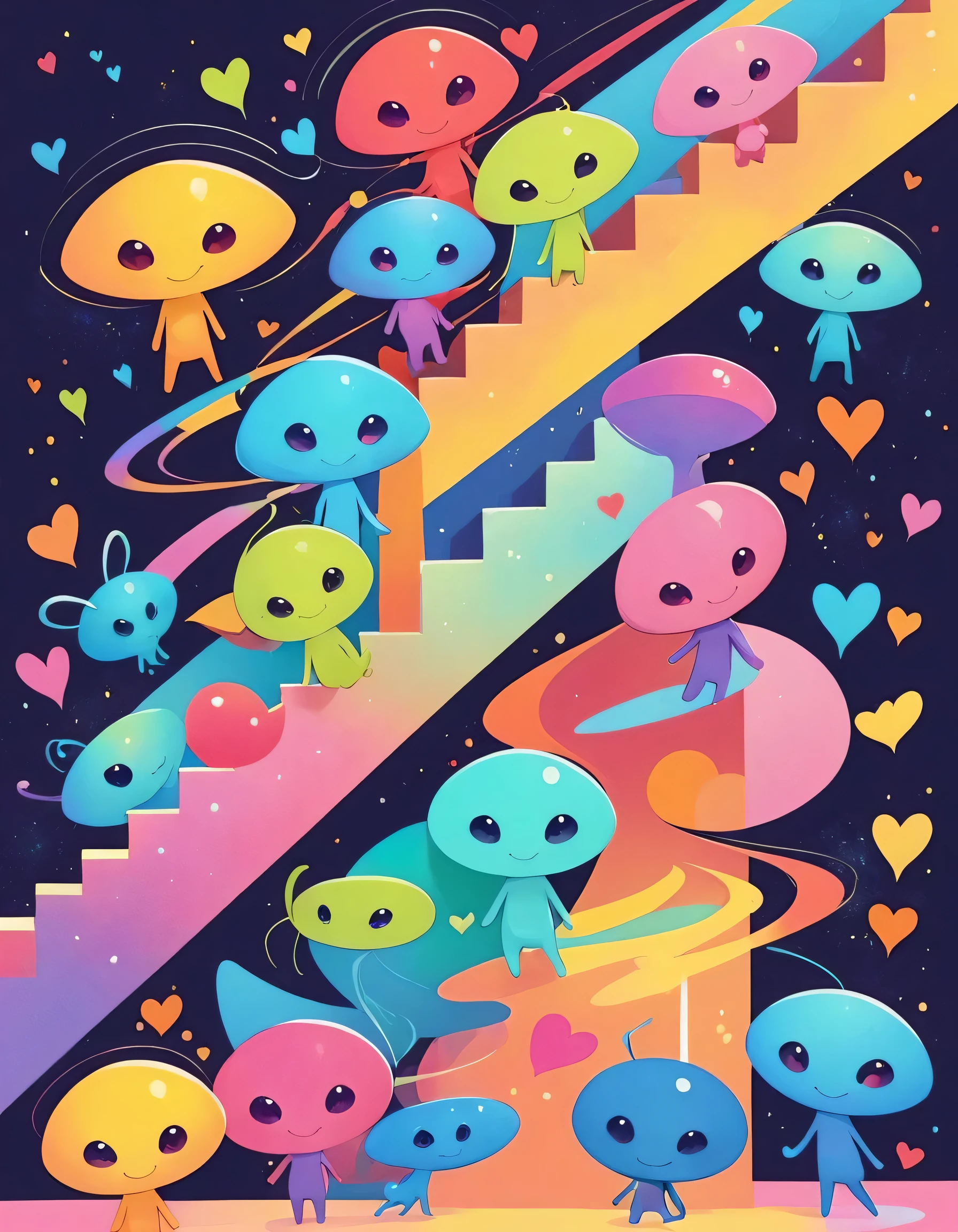 12stairs colorfull style, Simple Line Initialism，Abstract art, girls, colorful hearts, funny design, (((Cute Aliens))), The background is space
